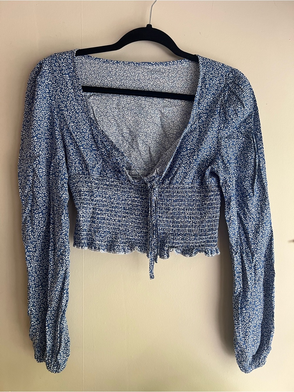 Blue Printed Smocked Long-Sleeve Crop Top